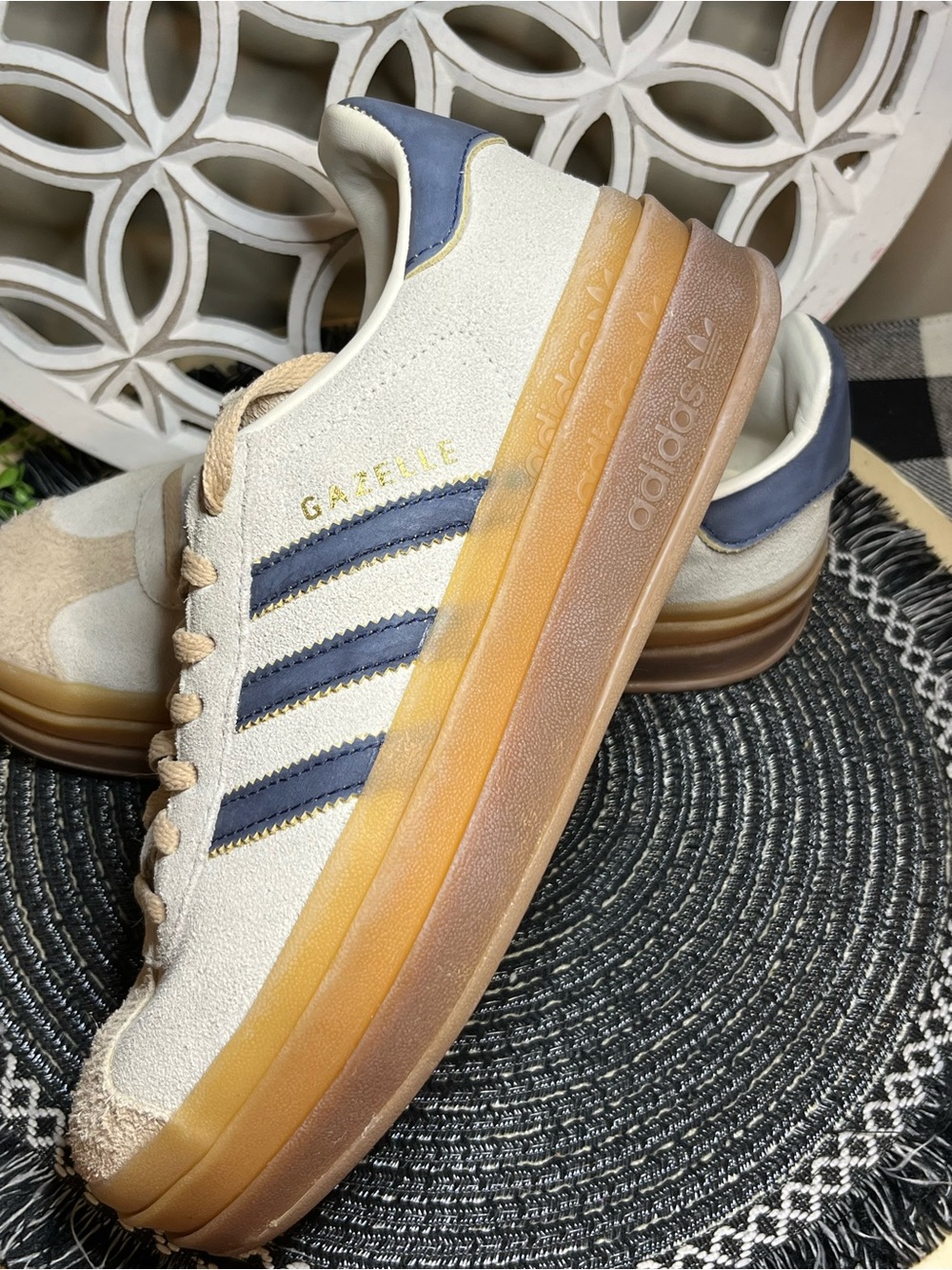 Adidas Gazelle Suede Sneakers in Cream with Navy Stripes - Picture 10 of 12